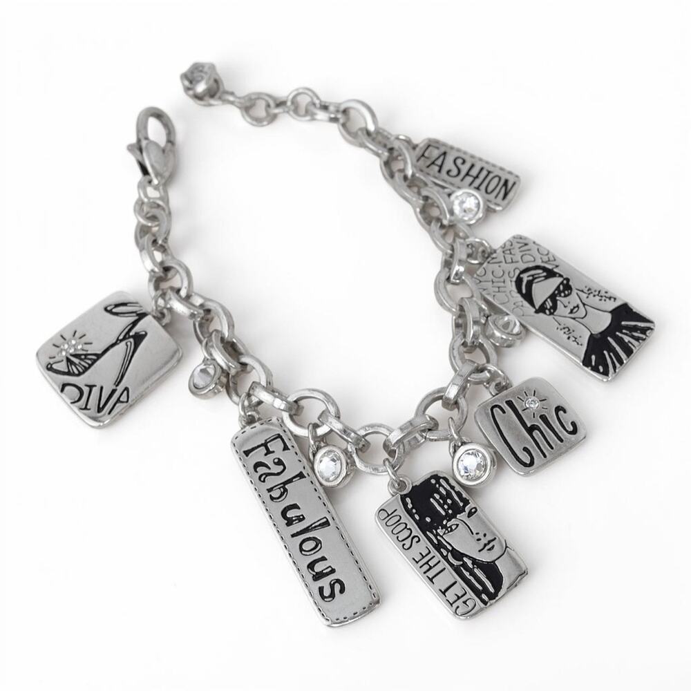 Brighton Fashion Chic Charm Chain Bracelet Large Charms Rhinestone Retired